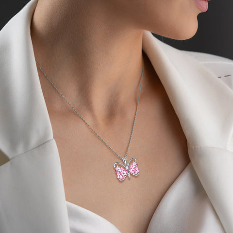 Women Pink Butterfly Necklace Heart October Birthstone Necklace Tourmaline Pendant Jewelry Daughter Wife Birthday Valentine's Day Gift Idea - Aurora Tears