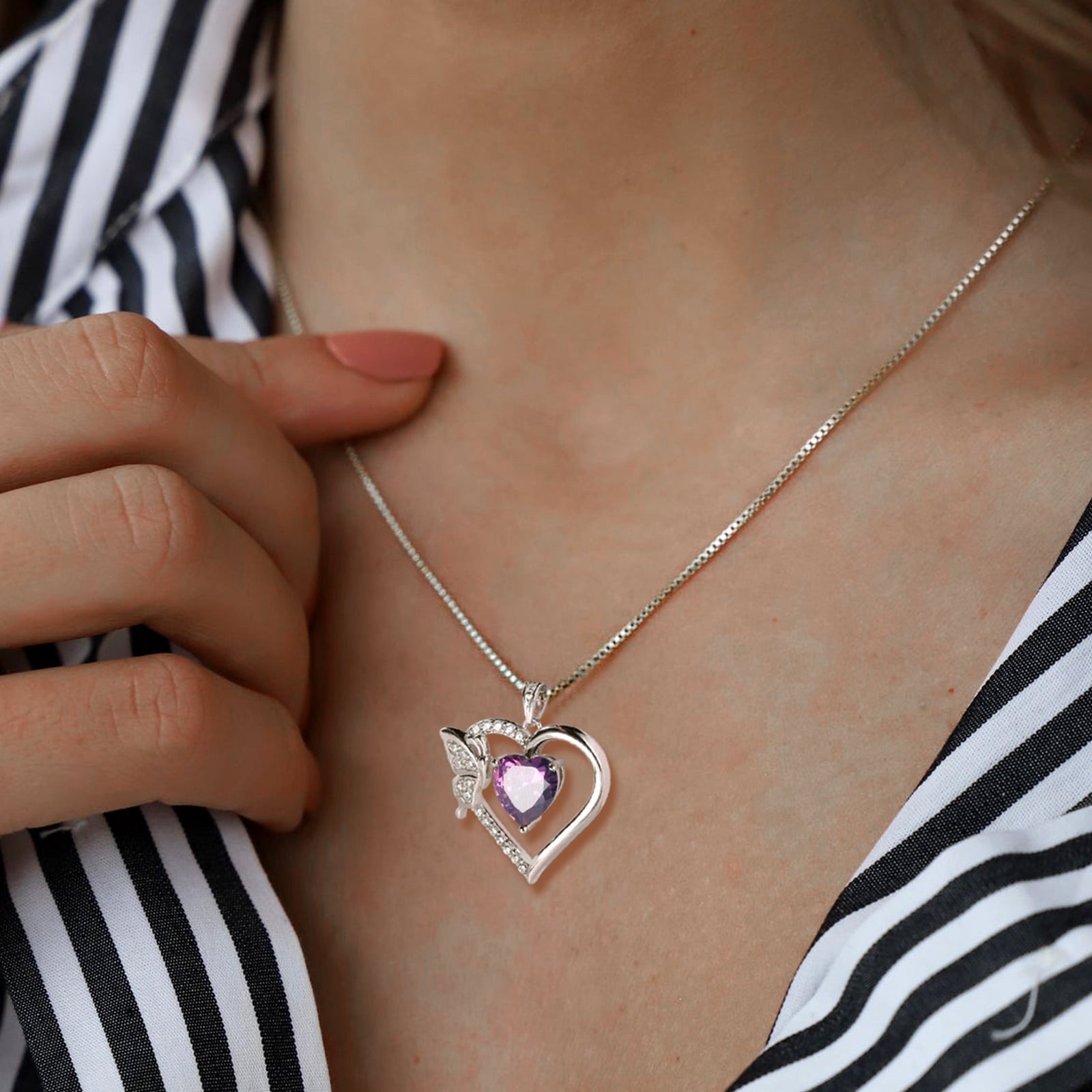 Women Purple Heart Necklace Butterfly February Birthstone Necklace Amethyst CZ 925 Sterling Silver Pendant Jewelry Birthday Valentine's Day Gift - Aurora Tears