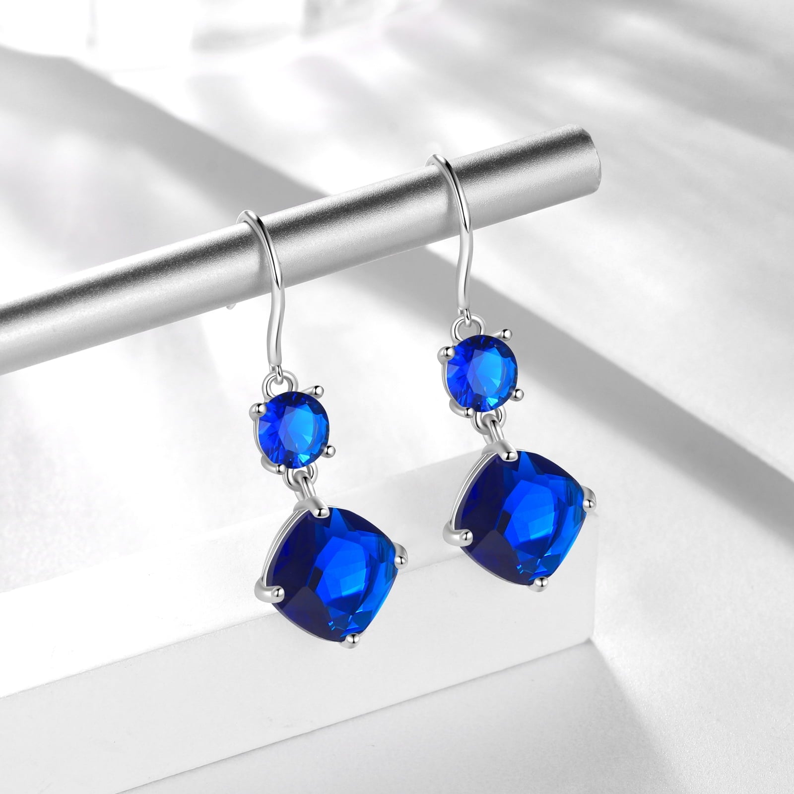 Women Blue Sapphire Dangle Earrings 925 Sterling Silver Hook September Birthstone Earring Cushion Jewelry Birthday Christmas Mother's Day Gift - Aurora Tears
