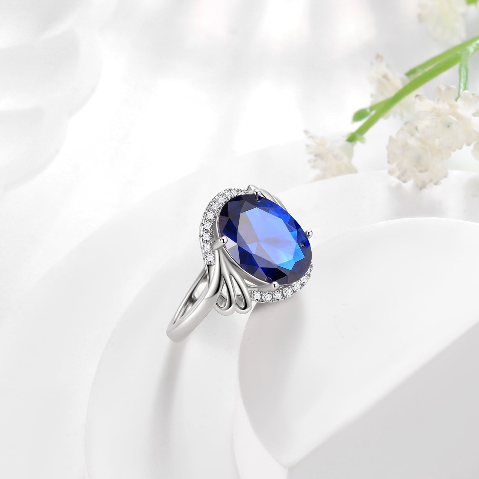 8Ct Oval Women Blue Sapphire Ring 925 Sterling Silver Halo September Birthstone Ring Jewelry Mom Grandma Birthday Christmas Mother's Day Gift - Aurora Tears