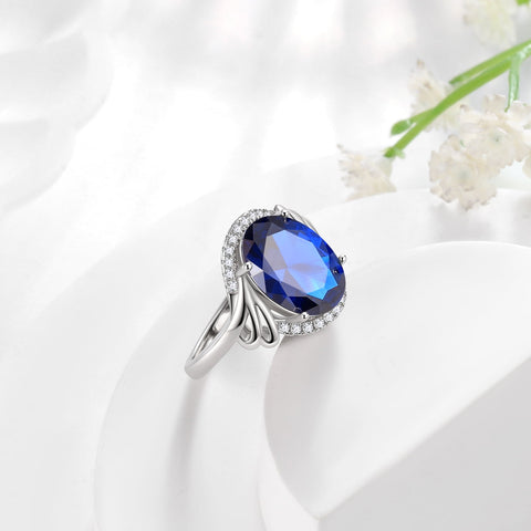 8Ct Oval Women Blue Sapphire Ring 925 Sterling Silver Halo September Birthstone Ring Jewelry Mom Grandma Birthday Christmas Mother's Day Gift - Aurora Tears