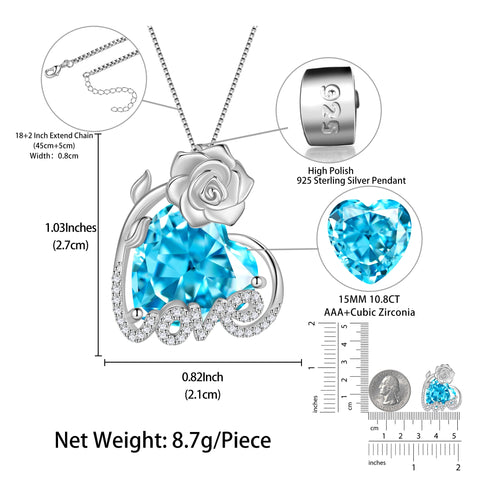 15MM Rose Heart Women Necklace March Birthstone 925 Sterling Silver Love Flower Pendant Blue Aquamarine Jewelry Mother Birthday Valentines Gift for Wife - Aurora Tears