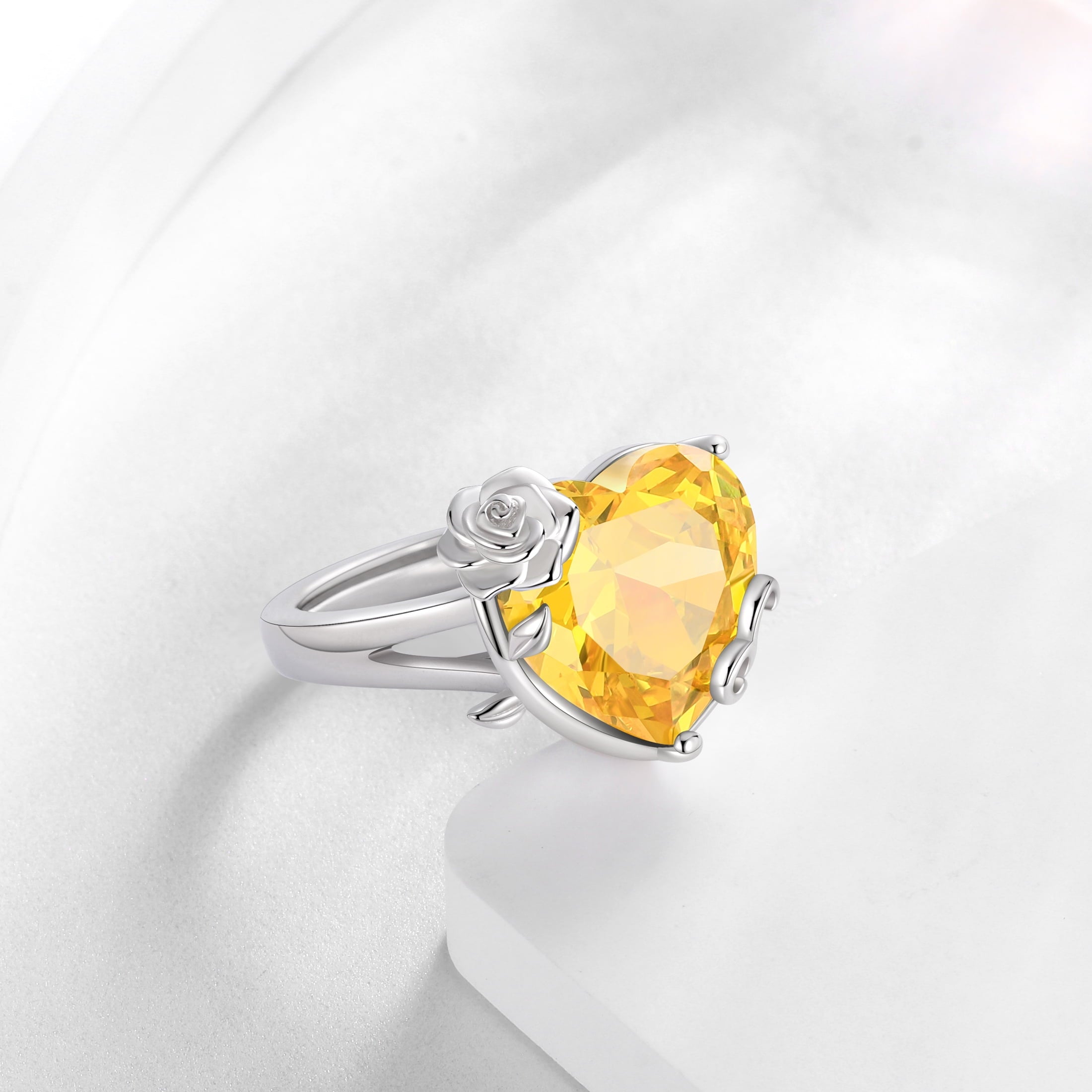 9Ct Women Heart Ring 925 Sterling Silver Rose Flower November Birthstone Citrine Solitaire Ring Jewelry Christmas Thanksgiving Gift for Mother - Aurora Tears