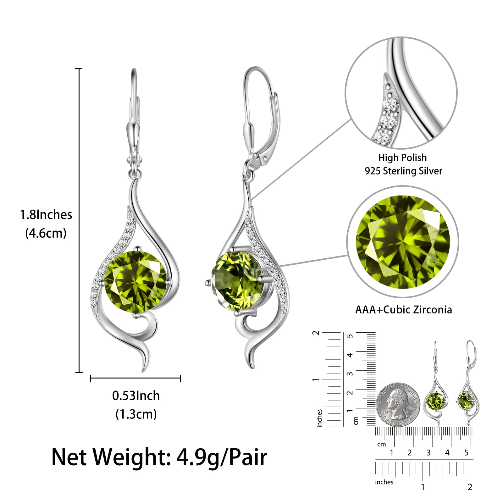 Women Dangle Earrings August Birthstone Earrings Peridot Green 925 Sterling Silver Leverback Fish Tail Jewelry Mother Christmas Valentines Birthday Gift for Her - Aurora Tears