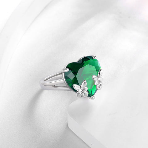 9Ct Women Heart Ring 925 Sterling Silver Butterfly May Birthstone Emerald Green Solitaire Ring Jewelry Birthday Mother's Day Gift - Aurora Tears