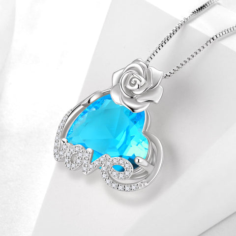 15MM Rose Heart Women Necklace March Birthstone 925 Sterling Silver Love Flower Pendant Blue Aquamarine Jewelry Mother Birthday Valentines Gift for Wife - Aurora Tears