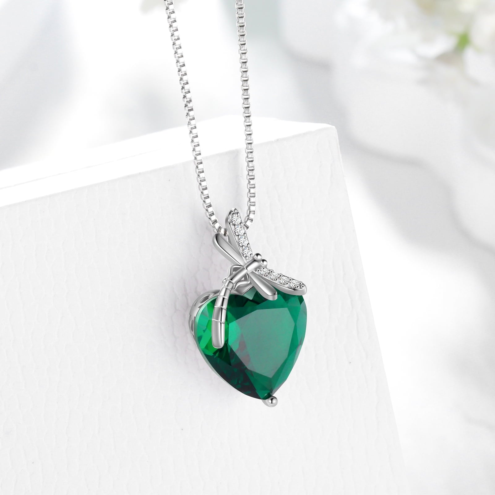 Dragonfly Necklace Heart May Birthstone Necklace Emerald CZ 925 Sterling Silver Pendant Green Jewelry Women Birthday Christmas Mother's Day Gifts - Aurora Tears
