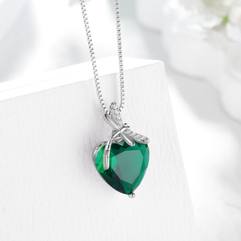Dragonfly Necklace Heart May Birthstone Necklace Emerald CZ 925 Sterling Silver Pendant Green Jewelry Women Birthday Christmas Mother's Day Gifts - Aurora Tears