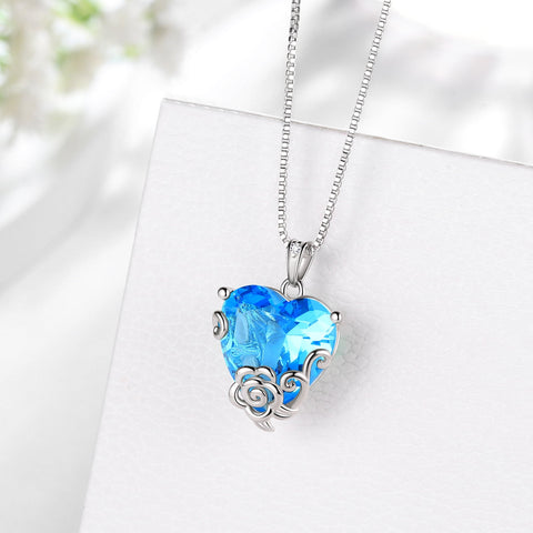 Women Heart Necklace March Birthstone Aquamarine Jewelry 925 Sterling Silver Blue Topaz Flower Pendant Mother Birthday Valentines Gift for Her - Aurora Tears