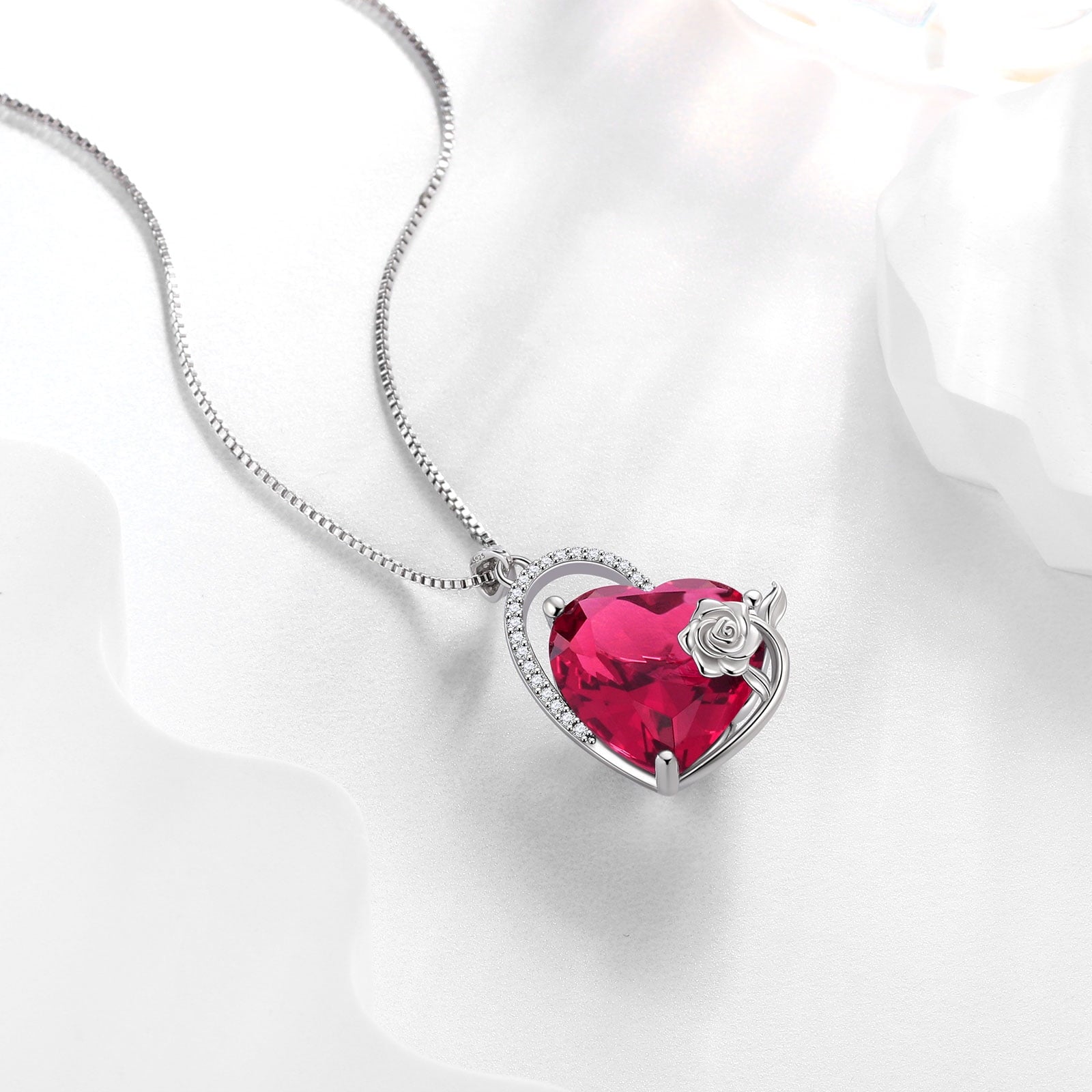 925 Sterling Silver 15MM Heart Necklace Women July Birthstone Ruby Jewelry Red Rose Flower Pendant Mother Christmas Birthday Valentines Day Gift for Her - Aurora Tears