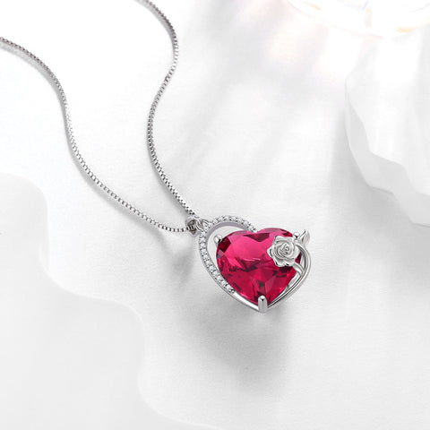 925 Sterling Silver 15MM Heart Necklace Women July Birthstone Ruby Jewelry Red Rose Flower Pendant Mother Christmas Birthday Valentines Day Gift for Her - Aurora Tears