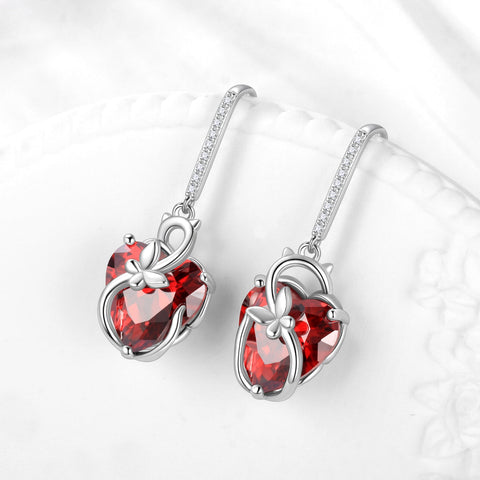 Cat Butterfly Earrings for Women 925 Sterling Silver Earrings Dangle Drop Hook Red Heart Garnet January Birthstone Jewelry Mother Christmas Birthday Valentine's Day Gift for Mom Wife - Aurora Tears