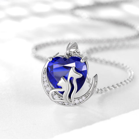 Women Animal Cat and Dog Necklace Blue Heart September Birthstone Charm Sapphire Pendant Jewelry Christmas Birthday Gift for Mother Daughter Pet Lovers - Aurora Tears