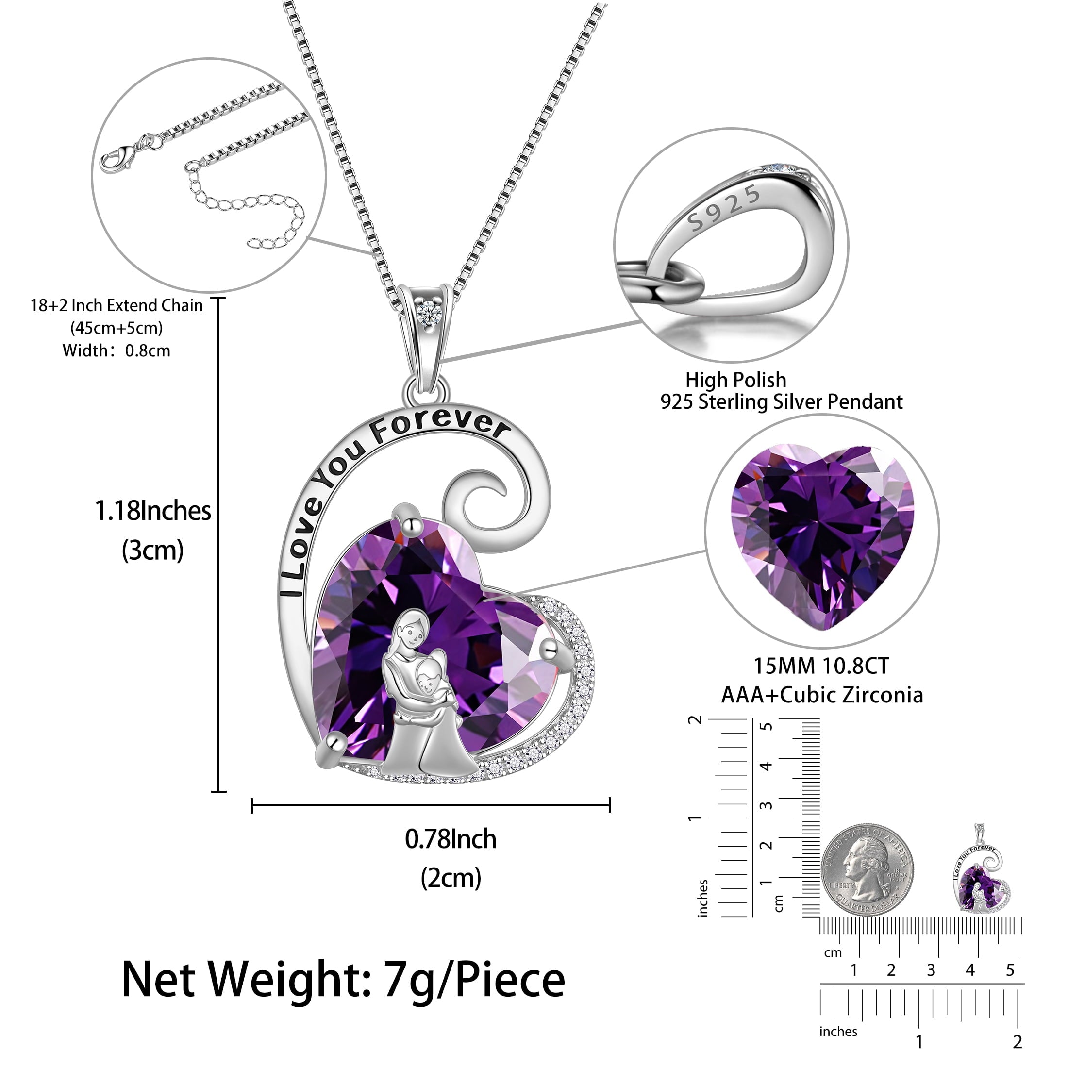 Mother Daughter Necklace 925 Sterling Silver Purple Heart Amethyst February Birthstone Pendant Jewelry Women Birthday Christmas Mother's Day Gift Idea - Aurora Tears