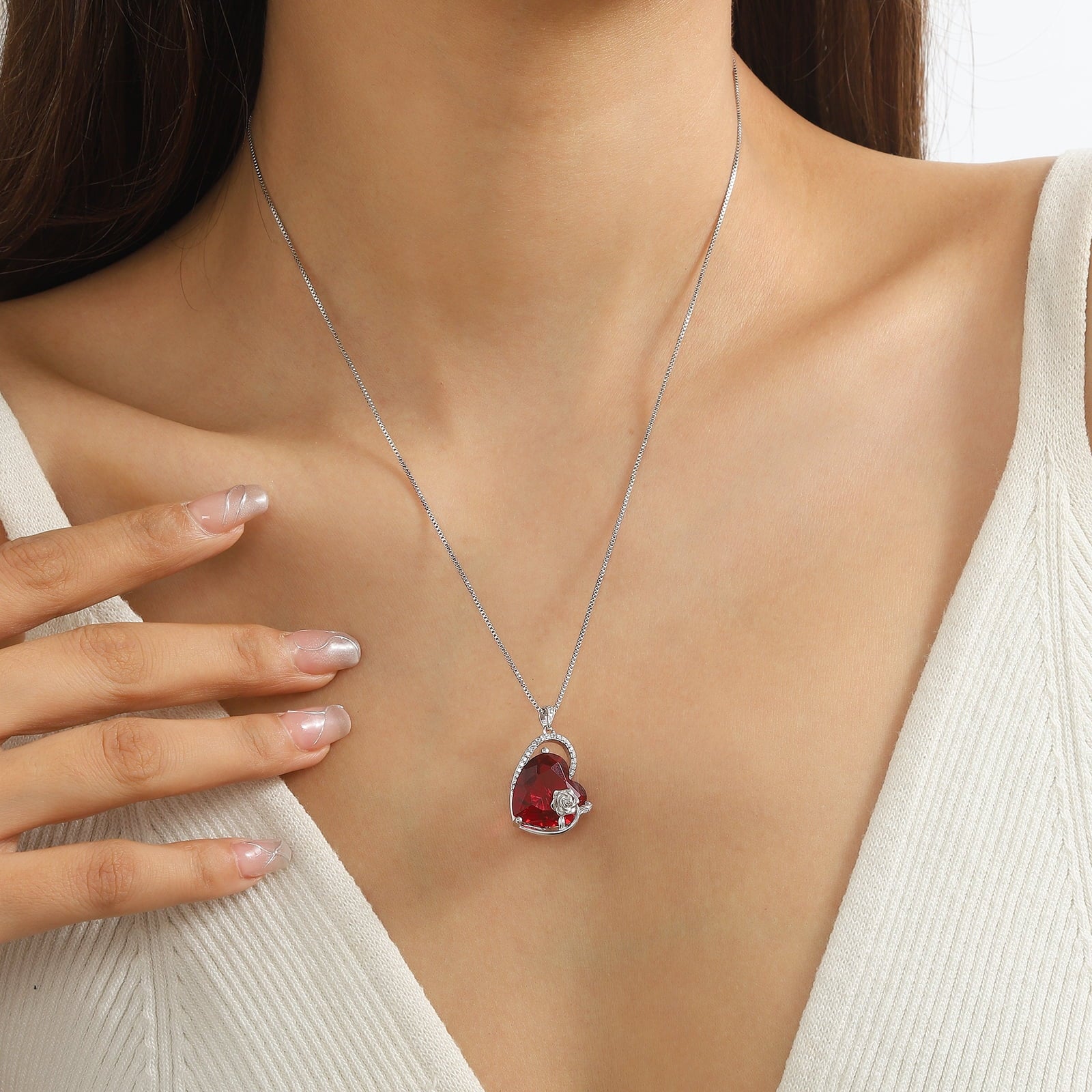 925 Sterling Silver 15MM Heart Necklace Women July Birthstone Ruby Jewelry Red Rose Flower Pendant Mother Christmas Birthday Valentines Day Gift for Her - Aurora Tears