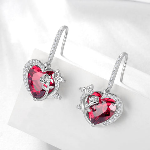 Women July Birthstone Drop Earrings Heart Ruby Red Butterfly Flower Jewelry Hook 925 Sterling Silver Earring Mother Valentine's Day Gift - Aurora Tears