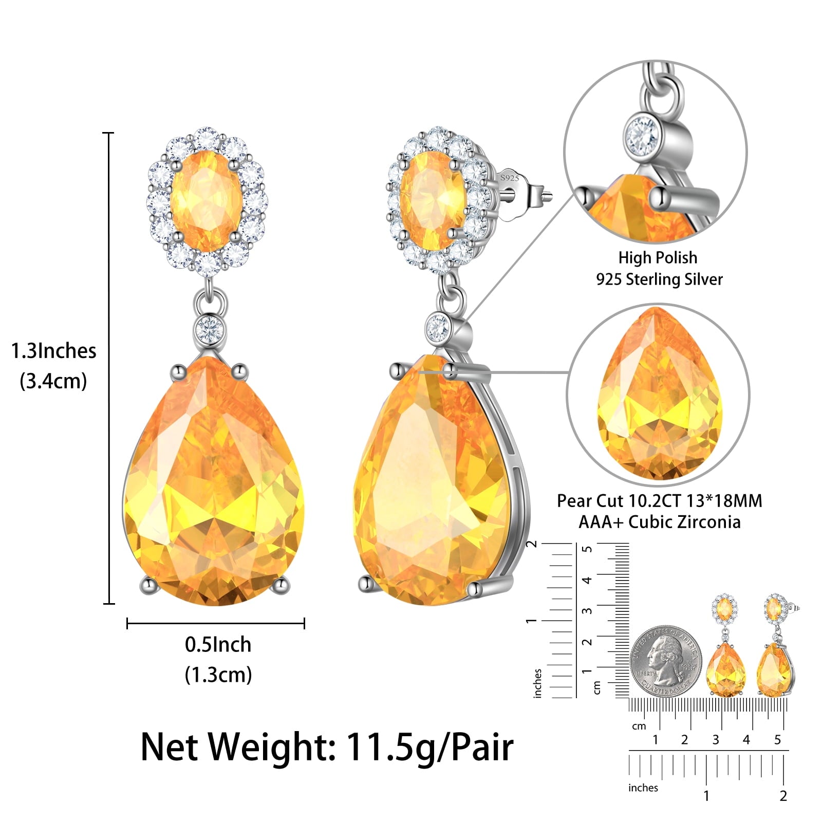 10Ct Women Teardrop Earrings 925 Sterling Silver November Birthstone Dangle Earrings Citrine Yellow 925 Sterling Silver Jewelry Christmas Birthday Gift for Mother - Aurora Tears
