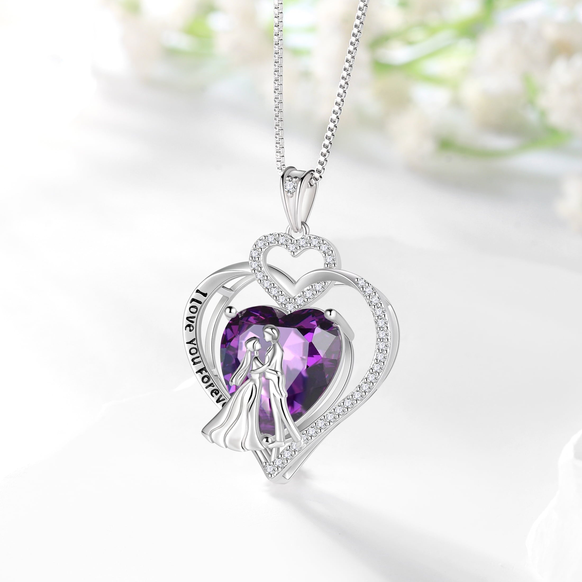 Couple Necklace for Women 925 Sterling Silver Heart February Birthstone Pendant Love Wedding Engagement Jewelry Valentine's Day Gift for Her Wife Girlfriend Bride - Aurora Tears