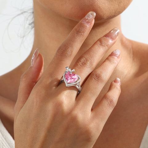 6Ct Heart Women Ring Bow Kont Ribbon 925 Sterling Silver October Birthstone Tourmaline Ring Pink Jewelry Valentine's Day Gift for Girlfriend Wife Mother - Aurora Tears