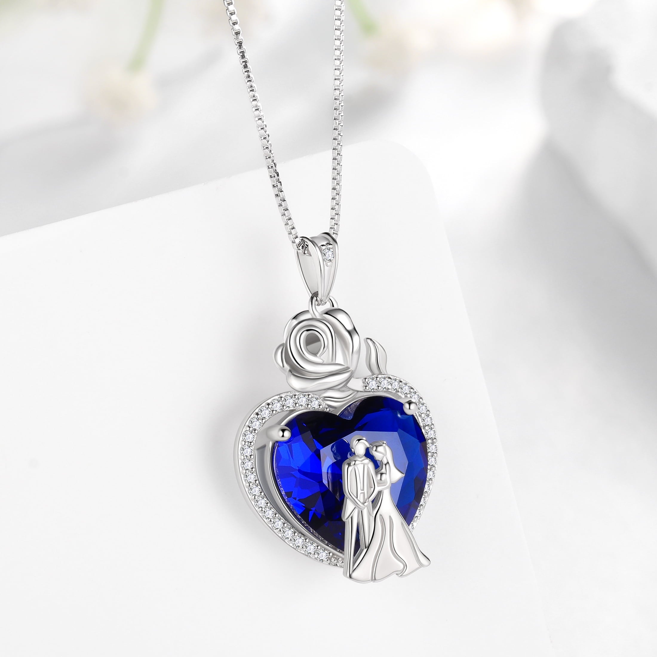 Couple Necklace for Women 925 Sterling Silver 15MM Heart September Birthstone Rose Flower Pendant Wedding Engagement Bridal Jewelry Valentines Gift for Her Wife - Aurora Tears