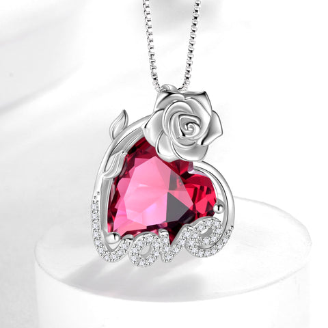 15MM Rose Heart Women Necklace July Birthstone 925 Sterling Silver Flower Love Jewelry Pendant Red Ruby Mother Birthday Christmas Valentine's Day Gift - Aurora Tears