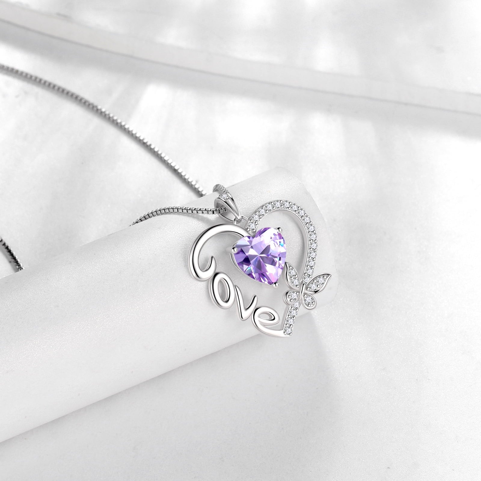 Women Purple Love Heart Necklace Butterfly June Birthstone Necklace Alexandrite 925 Sterling Silver Pendant Jewelry Birthday Valentine Mother's Day Gift - Aurora Tears