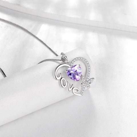 Women Purple Love Heart Necklace Butterfly June Birthstone Necklace Alexandrite 925 Sterling Silver Pendant Jewelry Birthday Valentine Mother's Day Gift - Aurora Tears