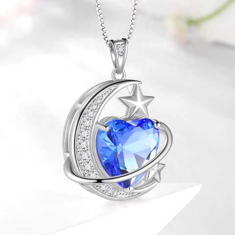 13MM Women Moon Star Necklace Heart December Birthstone 925 Sterling Silver Pendant Blue Tanzanite planet Jewelry Christmas Valentine Birthday Gift for Daughter/Mother/Wife - Aurora Tears