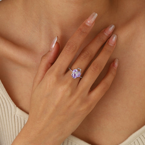 Women Heart Ring 925 Sterling Silver Cat Butterfly June Birthstone Alexandrite Solitaire Ring Jewelry Birthday Gift for Mother Cat Lover - Aurora Tears