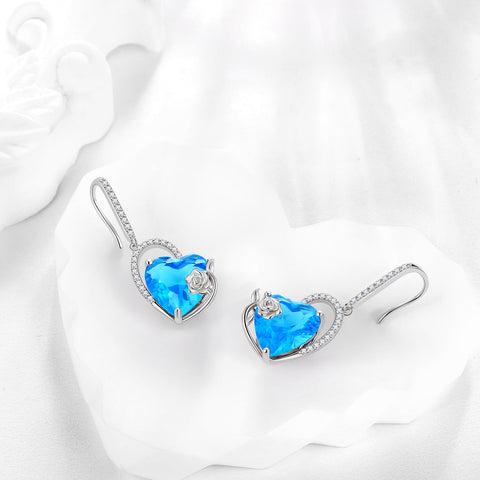 925 Sterling Silver Earrings Women Heart March Birthstone Hook Dangle Earring Aquamarine Blue Rose Flower Jewelry Mother Birthday Gift - Aurora Tears