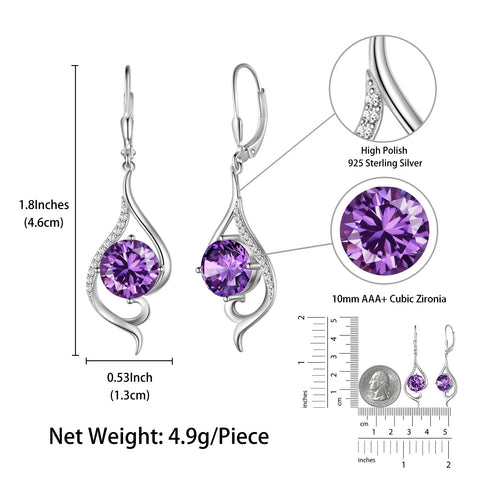 Women Drop Earrings February Birthstone Amethyst Purple Hanging Leverback Earring Sterling Silver Jewelry Christmas Birthday Valentine's Day Gift for Her/Wife/Mom - Aurora Tears