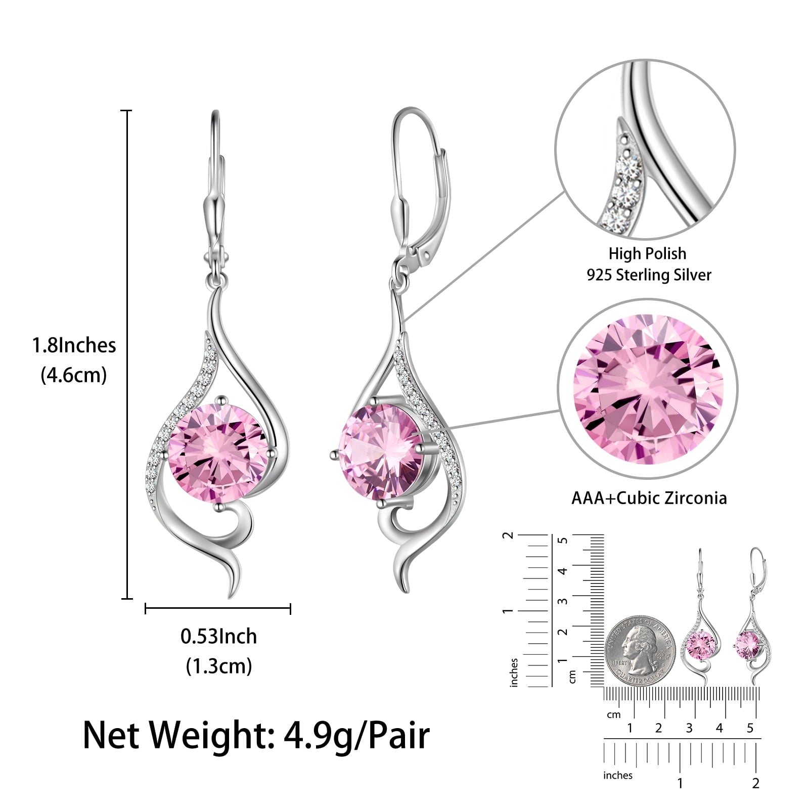 Women Dangle Earrings Pink October Birthstone Tourmaline Earrings 925 Sterling Silver Leverback Tail Jewelry Mother Christmas Birthday Valentines Day Gift for Her - Aurora Tears