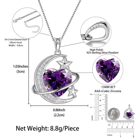13MM Women Moon and Star Necklace Heart February Birthstone 925 Sterling Silver Pendant Purple Amethyst Celestial Jewelry Birthday Valentine's Day Gift for Wife/Mother/Her - Aurora Tears