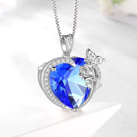 Women Heart Necklace Butterfly Rose Flower Pendant December Tanzanite Blue Jewelry 925 Sterling Silver Wife Mother Christmas Valentines Gifts - Aurora Tears