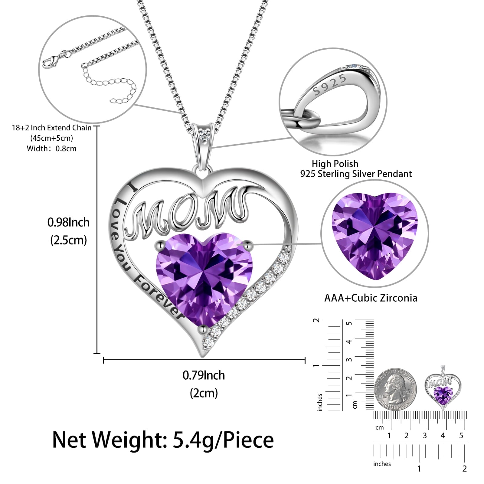 Women Mom Necklace Heart February Birthstone Necklace Amethyst Purple Sterling Silver Pendant Jewelry Christmas Birthday Mother's Day Gift from Daughter - Aurora Tears
