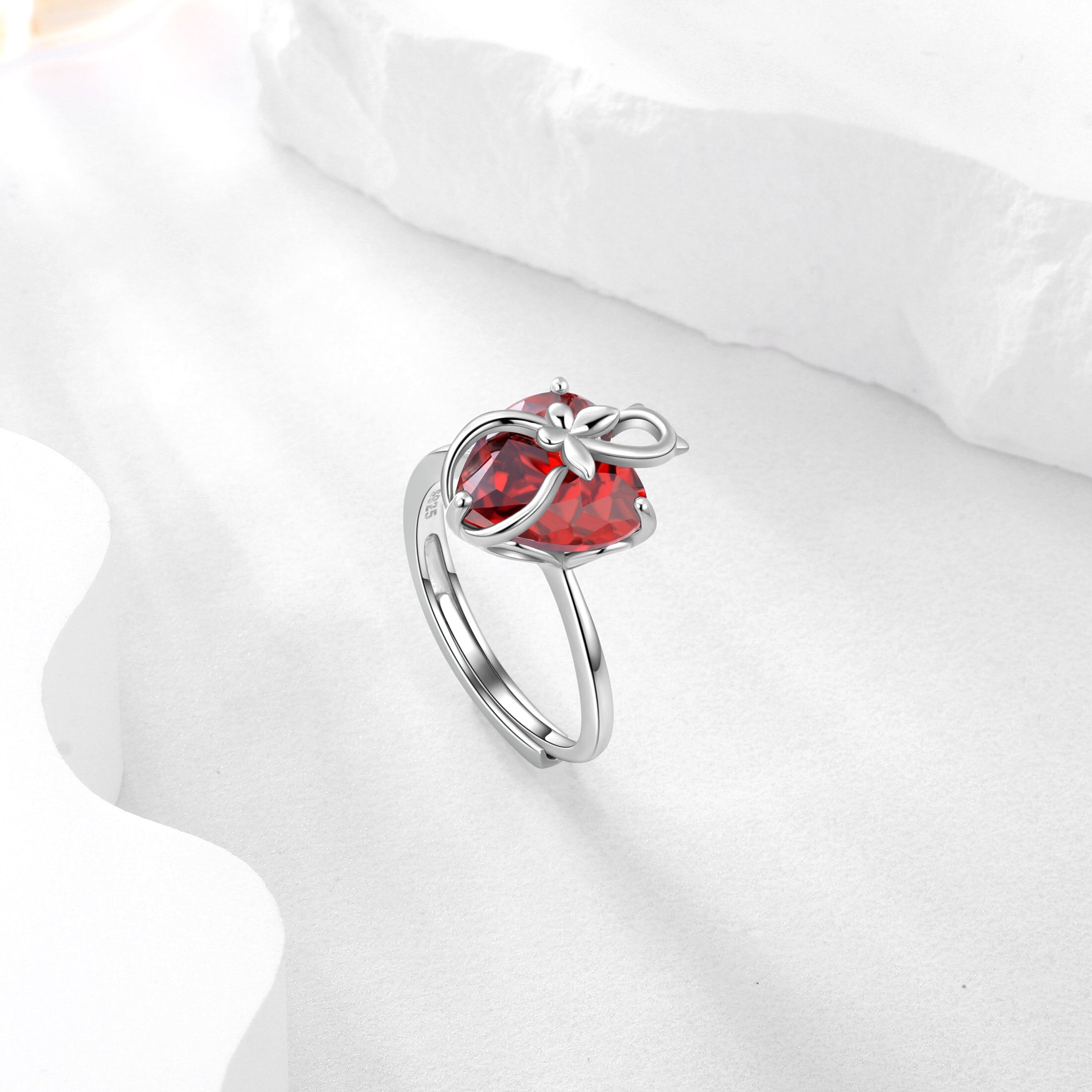 Women Heart Ring 925 Sterling Silver Cat Butterfly January Birthstone Garnet Solitaire Ring Jewelry Mother Birthday Valentine's Day Gift - Aurora Tears