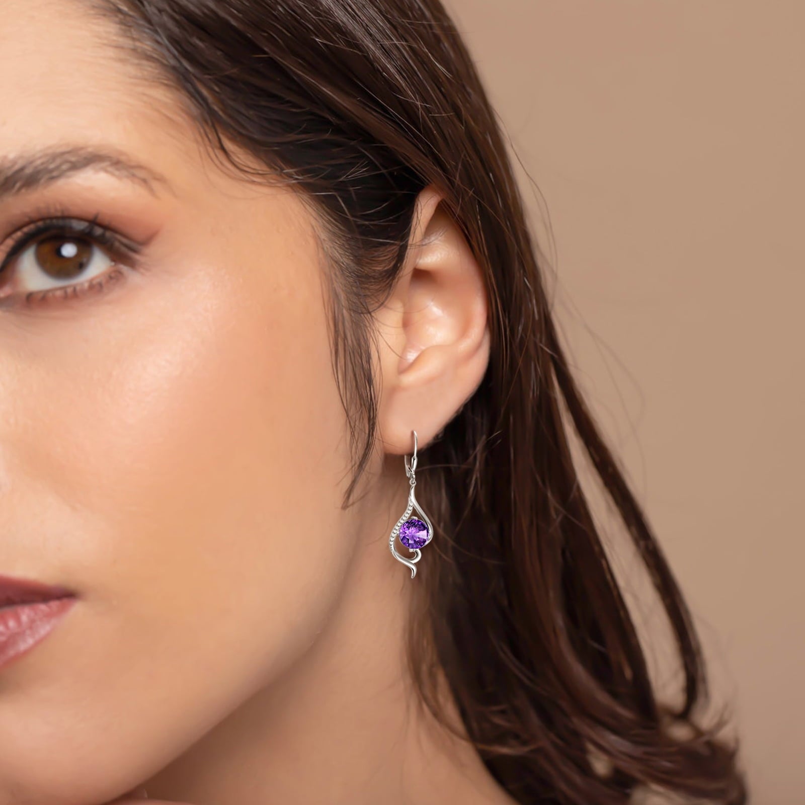 Women Drop Earrings February Birthstone Amethyst Purple Hanging Leverback Earring Sterling Silver Jewelry Christmas Birthday Valentine's Day Gift for Her/Wife/Mom - Aurora Tears