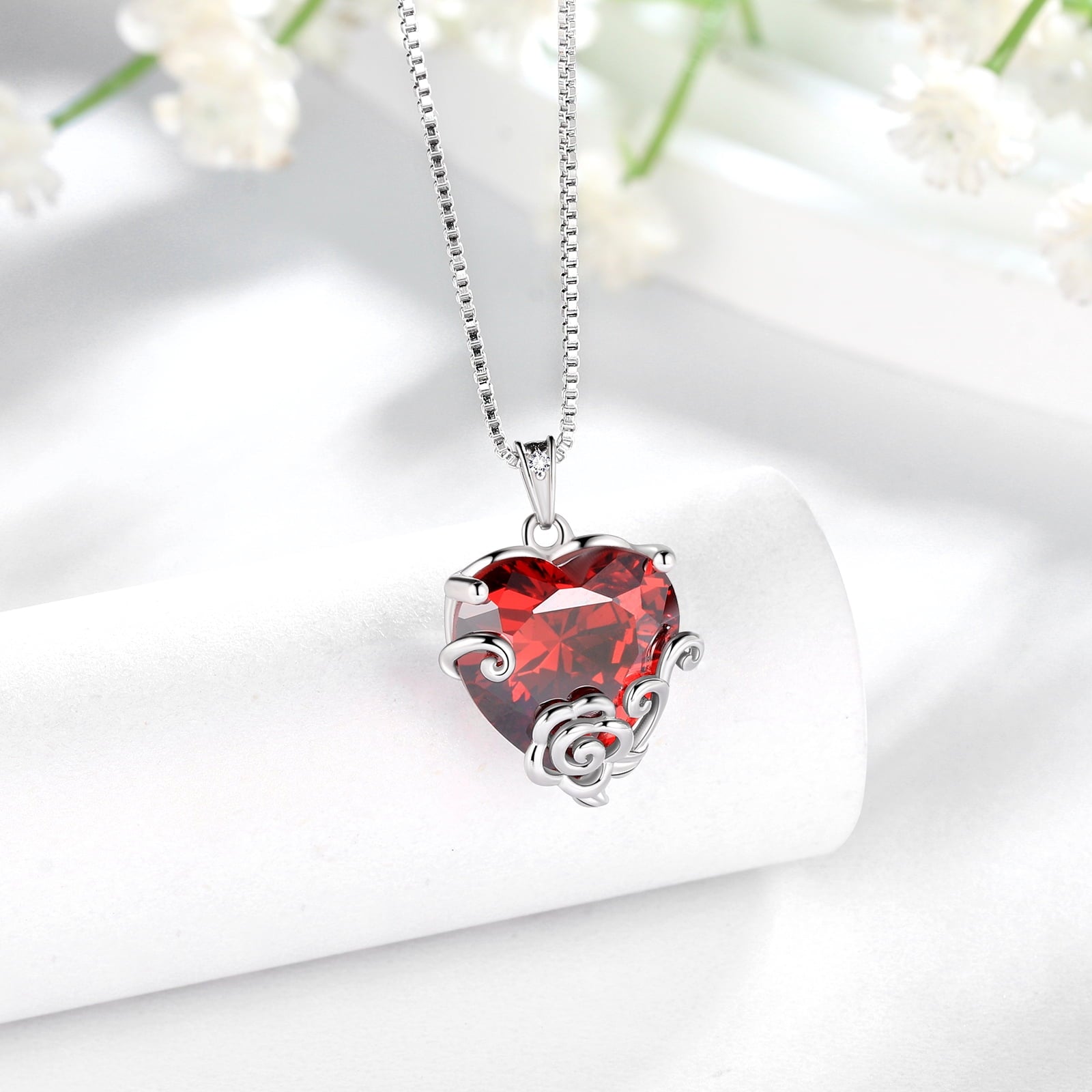 Women Heart Necklace January Birthstone Garnet Jewelry Red Flower Rose Pendant 925 Sterling Silver Mother Birthday Christmas Valentine's Day Gift - Aurora Tears