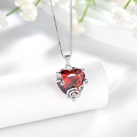Women Heart Necklace January Birthstone Garnet Jewelry Red Flower Rose Pendant 925 Sterling Silver Mother Birthday Christmas Valentine's Day Gift - Aurora Tears