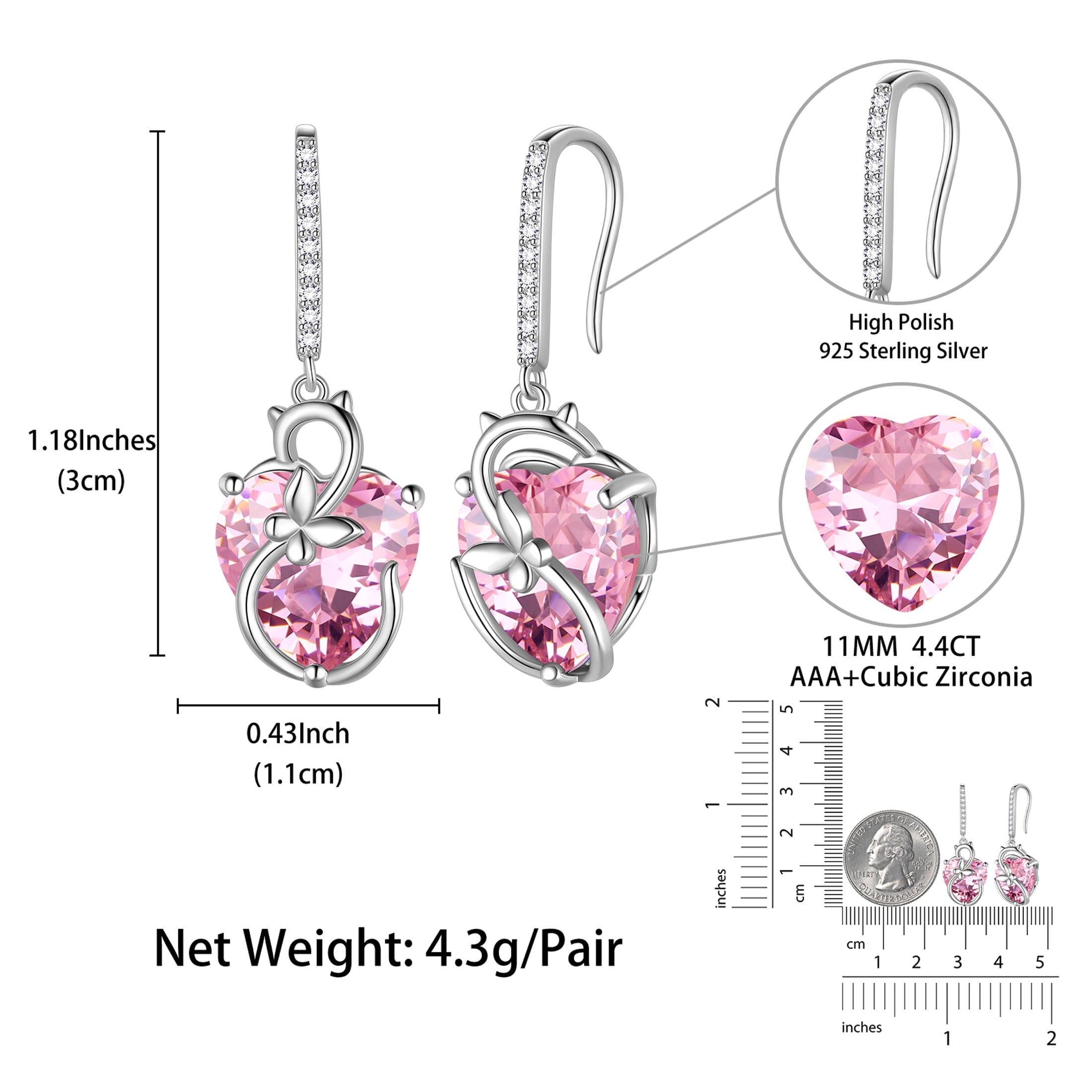 Cat Butterfly Earrings for Women 925 Sterling Silver Earrings Dangle Drop Hook Pink Heart Tourmaline October Birthstone Jewelry Mother Christmas Valentine's Day Gifts for Wife Girlfriend - Aurora Tears