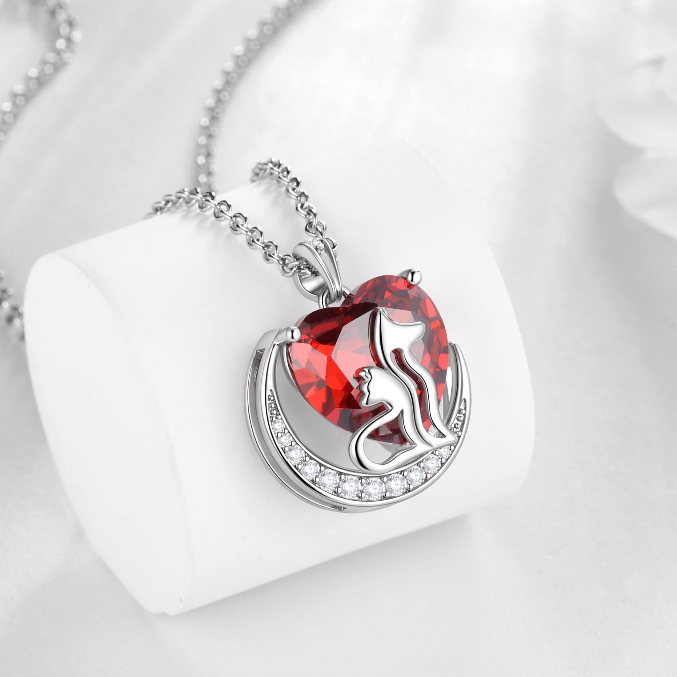 Women Animal Cat and Dog Necklace Red Heart January Birthstone Charm Garnet Pendant Jewelry Birthday Christmas Mother's Day Gift for Daughter Pet Lovers - Aurora Tears