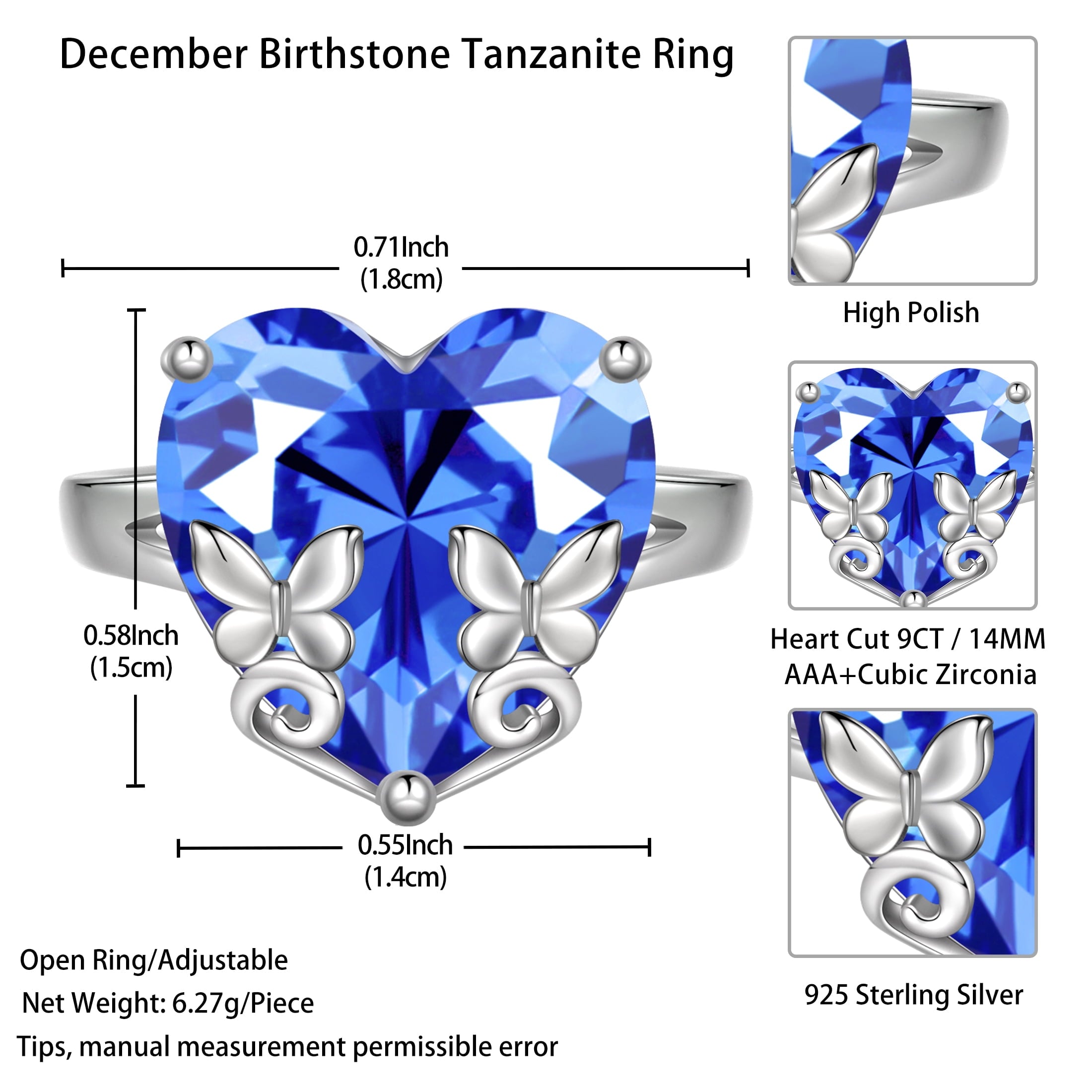 9Ct Women Heart Ring 925 Sterling Silver Butterfly December Birthstone Tanzanite Blue Solitaire Ring Jewelry Mom Christmas Birthday Gift - Aurora Tears