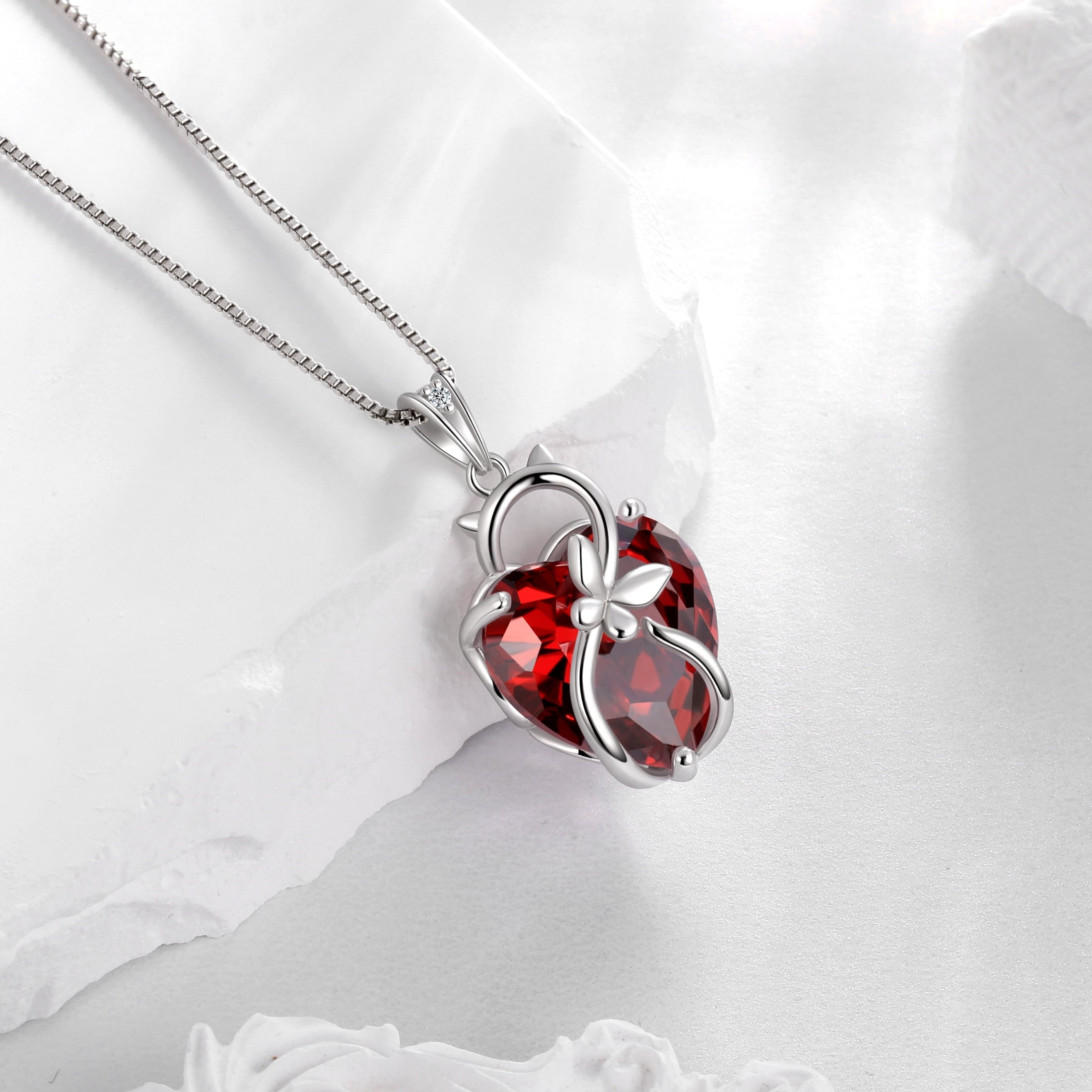 15MM Women Cat Necklace Heart January Birthstone 925 Sterling Silver Pendant Red Garnet Butterfly Jewelry Birthday Valentine's Day Gift - Aurora Tears