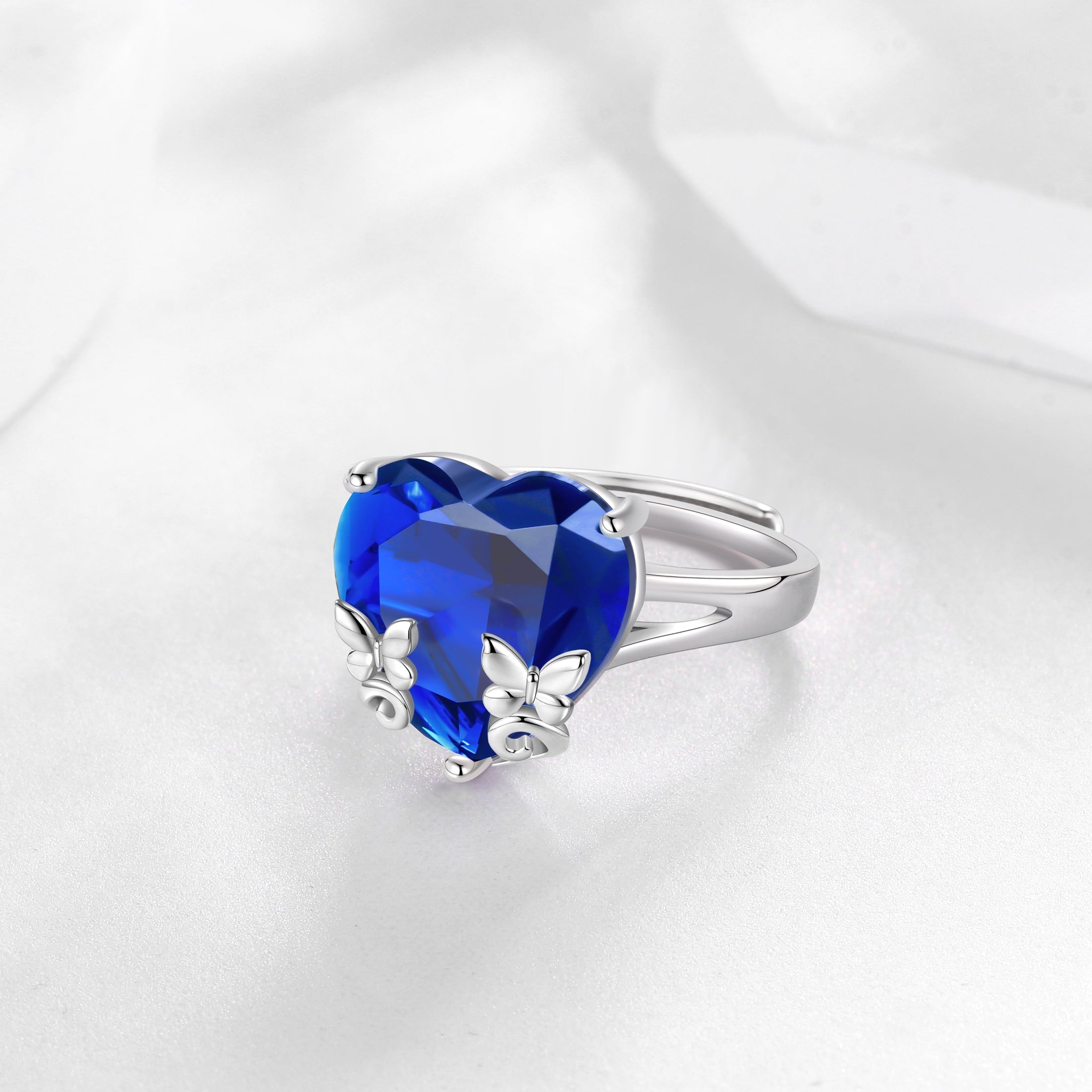 9Ct Women Heart Ring 925 Sterling Silver Butterfly September Birthstone Sapphire Blue Solitaire Ring Jewelry Birthday Mother's Day Gift - Aurora Tears