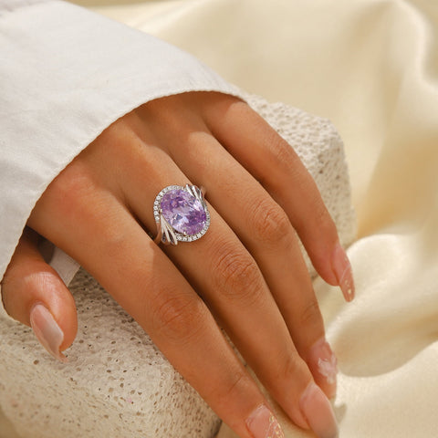 8Ct Birthstone Women Ring 925 Sterling Silver Halo Oval Alexandrite Ring Band Jewelry June Birthday Mom Grandma Mother's Day Gifts - Aurora Tears