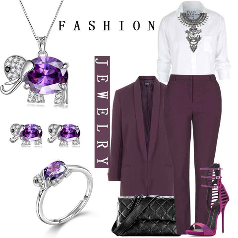 Elephant Birthstone February Amethyst Jewelry Set 4PCS Women Girls Birthday Gift