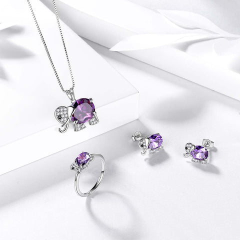 Elephant Birthstone February Amethyst Jewelry Set 4PCS Women Girls Birthday Gift