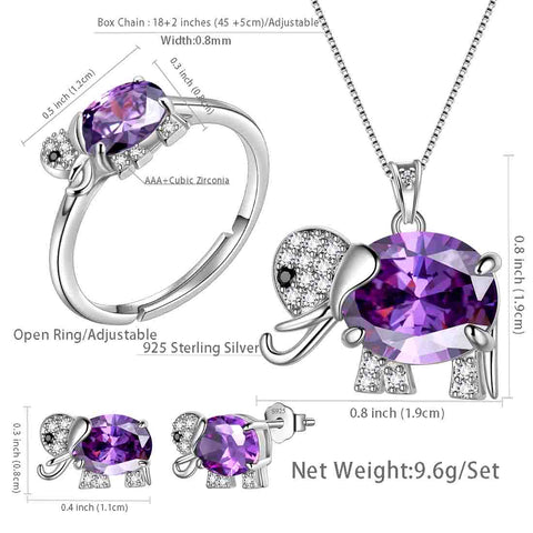 Collar de elefante para mujer, pendientes, anillo, conjunto de joyería, piedra natal de febrero púrpura, regalo de cumpleaños para niñas