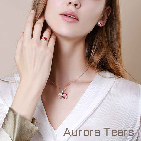 Ensemble de bijoux en forme d'éléphant pour femmes, collier, boucles d'oreilles, bague, rubis de juillet, pierre de naissance, cadeau d'anniversaire pour filles