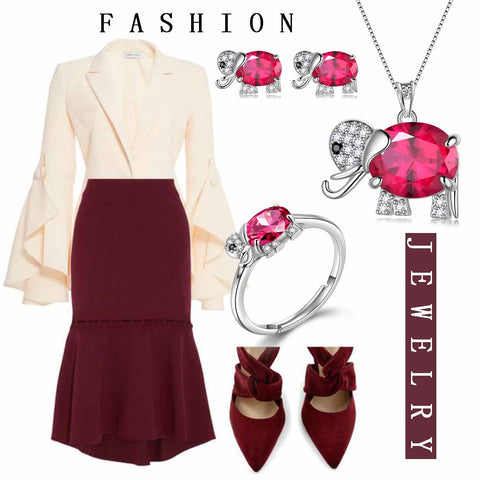 Ensemble de bijoux en forme d'éléphant pour femmes, collier, boucles d'oreilles, bague, rubis de juillet, pierre de naissance, cadeau d'anniversaire pour filles